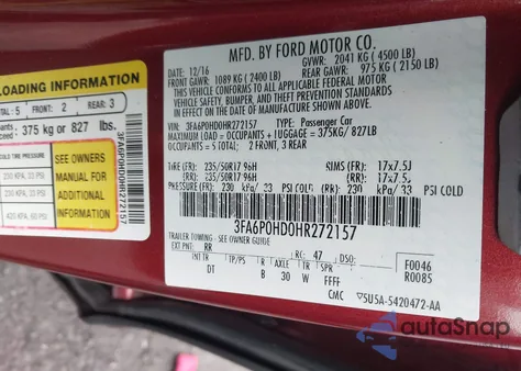 2017 Ford Fusion Se z USA, uszkodzony, nr VIN 3FA6P0HD0HR272157